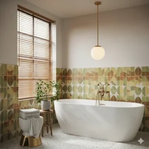  A brass and opal glass pendant light hangs elegantly over a freestanding tub, offering soft mid-century bathroom lighting. 