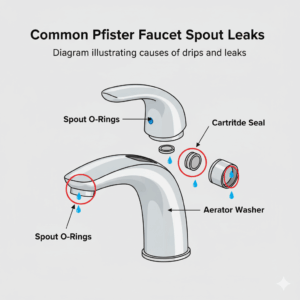  A diagram illustrating the common causes of a leaky Pfister bathroom faucet spout.
