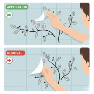 Illustration demonstrating the easy application and removal of self-adhesive bathroom decals walls