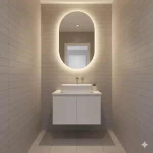 "Space-saving oval bathroom mirror in a compact en suite, perfect for maximizing light and perceived space."