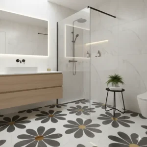"Elegant walk-in shower area with a seamless marble daisy tile floor bathroom, offering a luxurious and continuous aesthetic." 