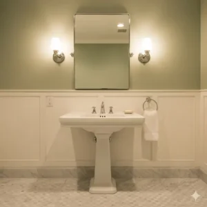  A vintage-inspired bathroom with a white pedestal sink standing on a classic marble basketweave bathroom floor, a design combination that evokes old-world charm.
