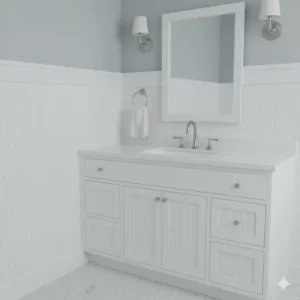 An illustration of a bathroom vanity featuring beadboard door and drawer fronts, showing how this classic detail can be incorporated into cabinetry for a cohesive look, integrating beadboard in bathroom vanity design. 