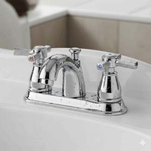 Detail of the two-handle design on a centerset bathroom faucet, showing the separate hot and cold water controls.
