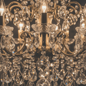  A macro shot of a crystal bathroom chandelier, showcasing the detailed craftsmanship and the way light refracts through the faceted crystals.