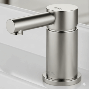 The Delta Trinsic bathroom faucet displayed with its optional base plate (escutcheon) for easy mounting.