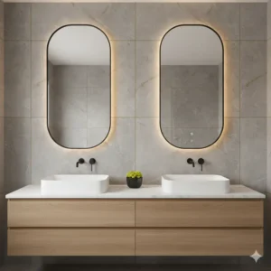 Pair of symmetrical oval bathroom mirrors installed above a double vanity, creating a luxurious and functional setup