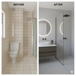 Before-and-after of a microcement bathroom renovation covering old tiles