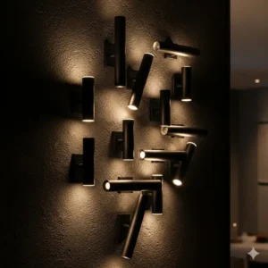 A creative arrangement of three black bathroom sconces on a textured wall, serving as both a light source and a decorative element.