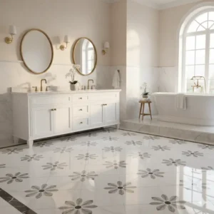 "Marble daisy tile floor bathroom flooded with natural light, creating a bright and inviting space with a fresh ambiance." 