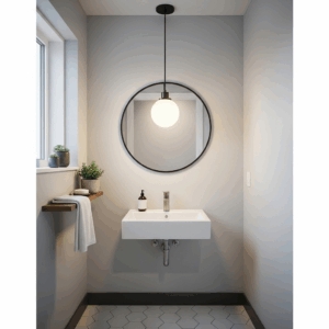 A compact, single-bulb bathroom pendant light illuminates a small powder room, saving space while adding a decorative element.