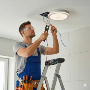 A dimmable bathroom ceiling light with remote control. 