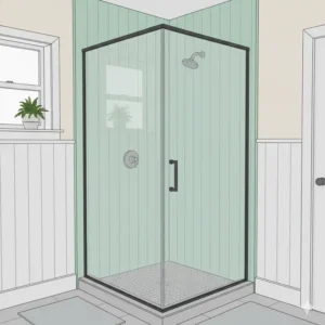 A creative illustration depicting waterproof beadboard panels used as a stylish and functional shower surround in a modern farmhouse bathroom setting, showcasing beadboard in bathroom shower surround. 