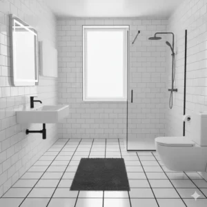A bright and airy black and white tile floor bathroom with a large window and natural light.