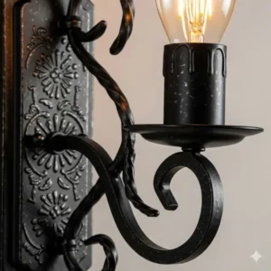 A close-up shot revealing the unique matte black finish and intricate details of a high-quality black bathroom sconce.
