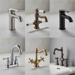 A collage showcasing different styles of centerset bathroom faucets, including single-hole and widespread designs, to show variety.
