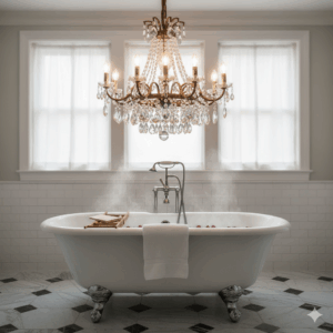 A romantic view of a magnificent bathroom chandelier hanging perfectly centered over a clawfoot tub, creating a luxurious focal point for a relaxing bath.