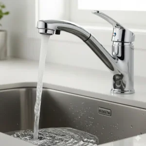 A shot of a Delta single lever bathroom faucet with water flowing smoothly from the spout, demonstrating its efficient and splash-free stream. 