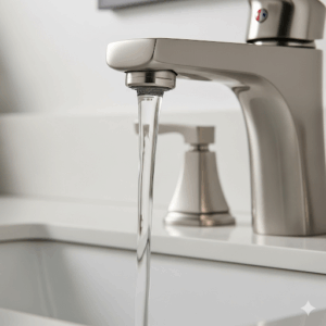 A visual representation of the clear, aerated water flow from the spout of the Delta Trinsic bathroom faucet.