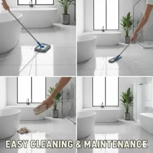 A depiction of the effortless cleaning and low maintenance required for an epoxy bathroom floor, making it a practical choice for busy households.
