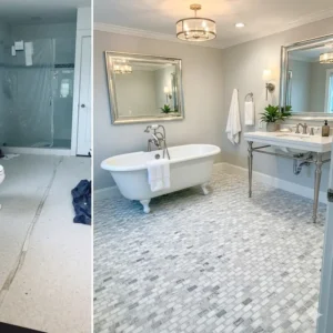 A before-and-after comparison photo showing the dramatic transformation after installing a marble basketweave bathroom floor.