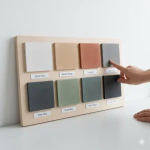 A color palette swatch showing various shades of a microcement bathroom.