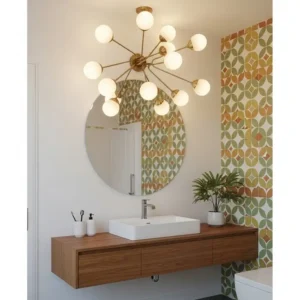 A sculptural, multi-arm light fixture with frosted globes serves as artistic mid-century bathroom lighting.