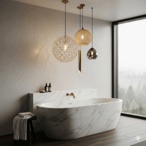 A cluster of three different-sized bathroom pendant light fixtures hangs above a deep soaking tub, providing a unique and artistic focal point in a spacious bathroom.