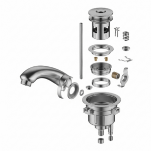 An exploded view of a Pfister bathroom faucet drain assembly and its components.
