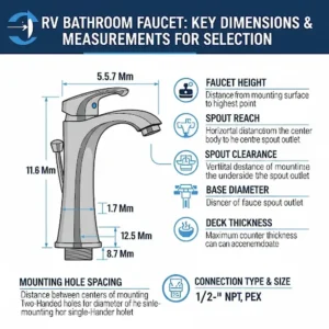 An infographic detailing the key dimensions and measurements for selecting an RV bathroom faucet.
