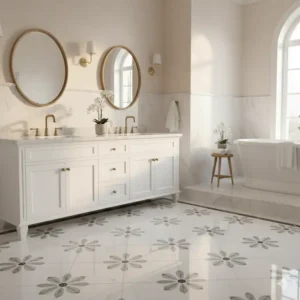 "Vanity area in a luxurious marble daisy tile floor bathroom, highlighting the intricate tile pattern underfoot." 