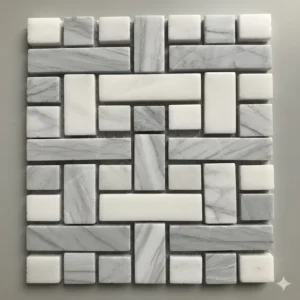 A detailed, high-resolution photo of a sheet for a marble basketweave bathroom floor, showing the small marble pieces arranged in the intricate pattern.