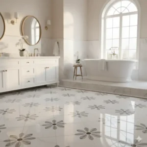 "Freestanding bathtub elegantly positioned in a marble daisy tile floor bathroom, creating a focal point of sophisticated design."