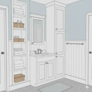Illustration showcasing various bathroom storage solutions incorporating beadboard, such as built-in shelves or cabinet fronts, to add charm and utility, providing beadboard in bathroom storage solutions.