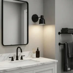 A black bathroom sconce coordinating with other black fixtures, such as a faucet and cabinet pulls, creating a cohesive and stylish look.