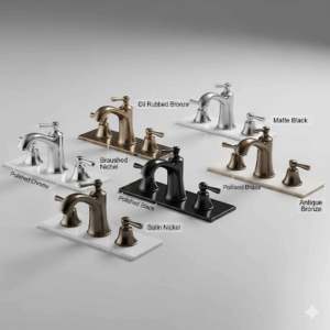 Display of various finishes available for a centerset bathroom faucet, such as polished chrome, brushed nickel, and oil-rubbed bronze.