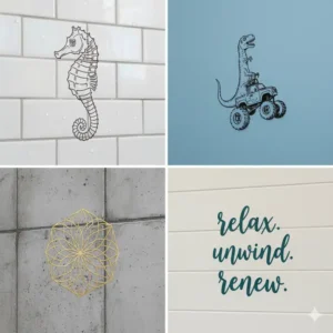 Various examples of custom bathroom decals walls on different wall textures, providing unique decoration ideas