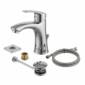 A complete set showing a Delta single lever bathroom faucet paired with a matching pop-up drain assembly, ready for a full bathroom installation.
