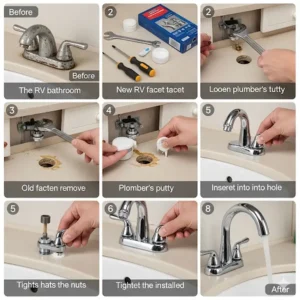  A step-by-step guide showing how to replace an old RV bathroom faucet with a new, more efficient model.