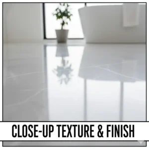 A detailed close-up view of the smooth, high-gloss finish and subtle texture of a professionally installed epoxy bathroom floor.