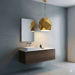 A polished gold bathroom pendant light with a geometric design provides a warm and luxurious glow, contrasting with the cool-toned tile in a modern bathroom.