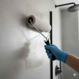 An installer applying a final waterproof sealant layer to a microcement bathroom surface.