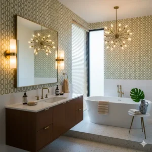 A remodeled bathroom showcases period-correct mid-century bathroom lighting, combining form and function perfectly.