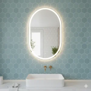Beautifully installed oval bathroom mirror complementing a tiled wall, showing a finished interior design