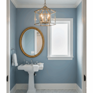 A small but striking bathroom chandelier illuminating a compact powder room, proving that even small spaces can benefit from a touch of elegance.