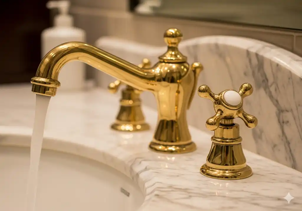 A close-up of a beautiful vintage bathroom faucet with a classic gooseneck spout and cross-handle design in polished brass, installed on a marble countertop.