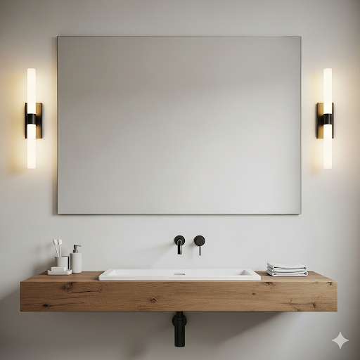 A pair of sleek, modern bathroom sconces illuminating a minimalist vanity with a large mirror, creating a warm and inviting atmosphere.