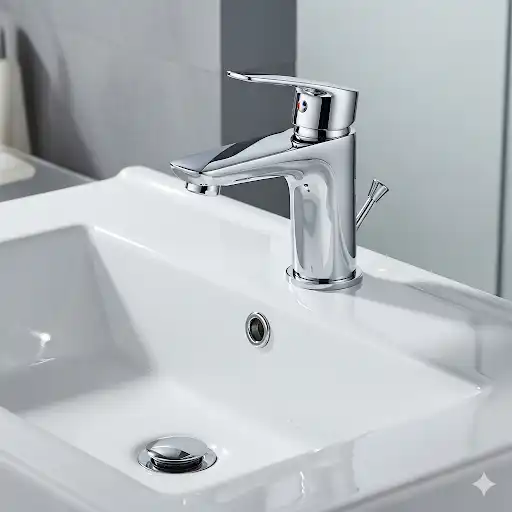 A close-up shot of a modern, chrome single-hole bathroom faucet installed on a white countertop, highlighting its sleek design and easy installation.