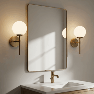 A close-up view of two glass globe sconces flanking a bathroom vanity mirror, providing balanced and glare-free illumination.