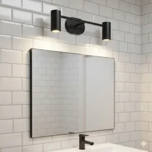 A matte black bathroom sconce installed above a mirror, offering a contemporary and bold contrast to a white subway tile wall.